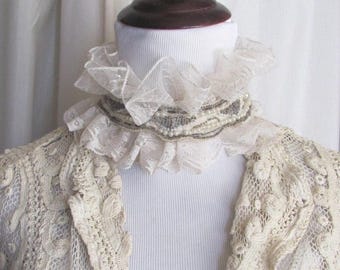 Beautiful White Lace Beaded Choker Necklace Victorian Style Antique Lace Beads Collar Handmade OOAK Adjustable Ruffled 19th century