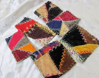 Beautiful Antique Silk Crazy Quilt Piece Square // Your Choice - Brooch Lapel Pin or Magnet or Pendant // 19th Century Hand Stitched