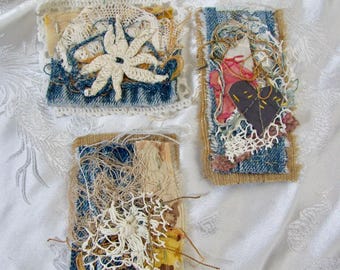 Snippet Set of 3 // Antique Textiles Doilies Silk Leather Denim // Hand Stitched // Brooch Pendant Journal Cluster Assemblage Patches