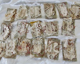 Snippet Set of 4 Made from an Antique Doilies Linens Lace Textiles // Brooch Pendant Sew On Patch Journal Patches
