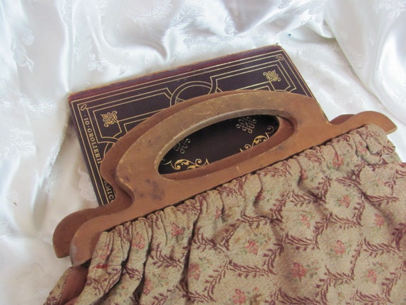 Vintage Wood Handle Fabric Purse Handbag // 1940'… - image 2