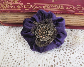 Beautiful Velvet & Lace Brooch Lapel Pin or Pendant or Barrette or Scarf Clip // Antique Textile Button Assemblage Handmade