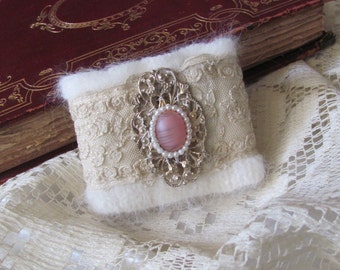 Antique Lace Cuff Bracelet Beautifully Handmade OOAK // Assemblage Embellished Fabric Textile Brooch Buttons