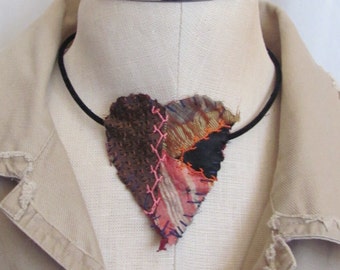 Beautiful Antique Crazy Quilt Choker Necklace Black Velvet Cord // 19th Century Handmade Quilt Piece Hand Stitched