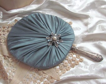 Handmade Paddle Hand Fan Silver Plate Handle with Silk Fabric and Brooch // Antique Replica Fancy & Functional // Many to choose from!!!