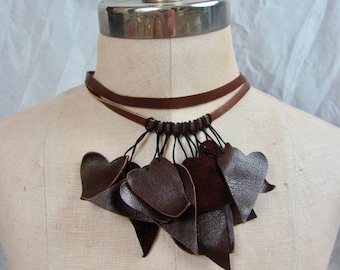 Beautiful Dark Burgundy Leather Hearts Choker Necklace Adjustable - Much more leather jewelery to choose from in my shops!