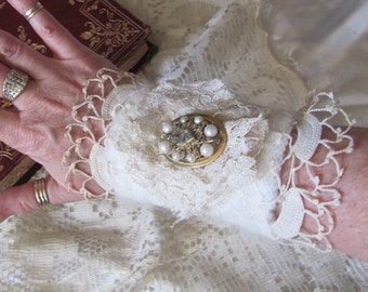 Antique Lace Cuff Bracelet Beautifully Handmade OOAK // Assemblage Embellished Fabric Textile Brooch Buttons