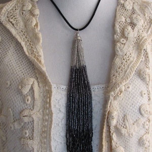 Beautiful Black Beaded Tassel Necklace // Handmade OOAK Adjustable Boho Choker Seed Bead Tassel Jewelry