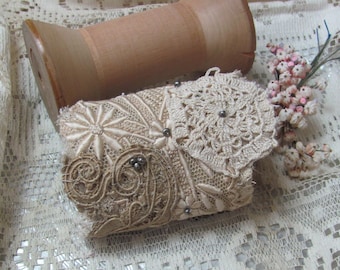 Antique Lace Cuff Bracelet Beautifully Handmade OOAK // Assemblage Embellished Fabric Textile Laces Doily  Buttons