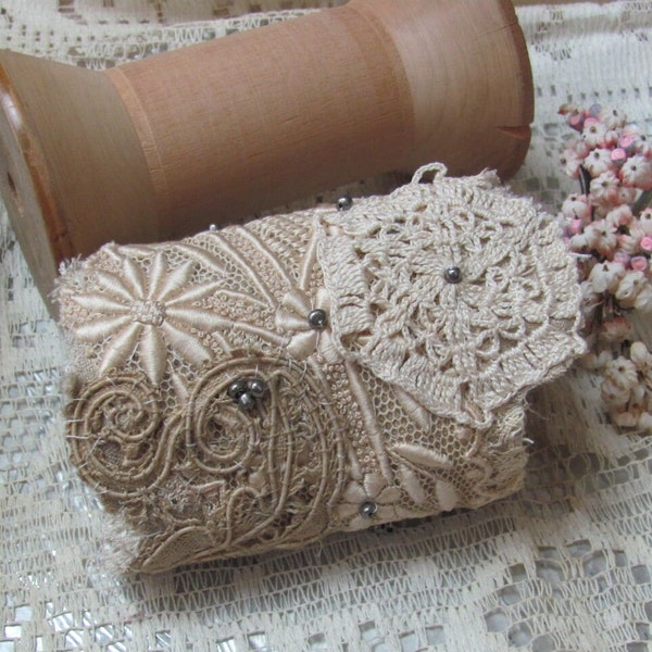 Antique Lace Cuff Bracelet Beautifully Handmade OOAK // Assemblage Embellished Fabric Textile Laces Doily  Buttons