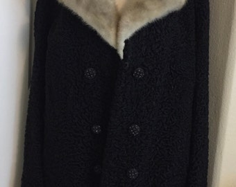 Beautiful Black Persian Lamb Fur Brown Mink Collar Satin Lined  Pollacks Mink Farm