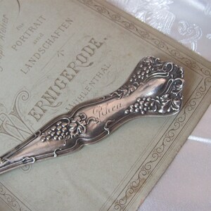 May include: A silver-plated serving spoon with an ornate handle featuring a grapevine design. The handle is engraved with the word "Rhea".