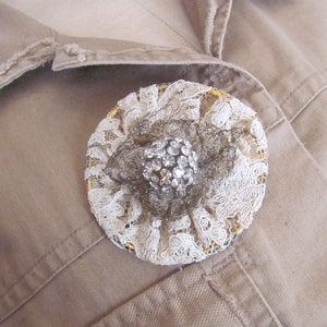 Beautiful Lace and Rhinestone Brooch Lapel Pin or Pendant  // Antique Textile Button Assemblage Handmade