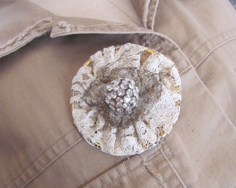 Beautiful Lace and Rhinestone Brooch Lapel Pin or Pendant  // Antique Textile Button Assemblage Handmade