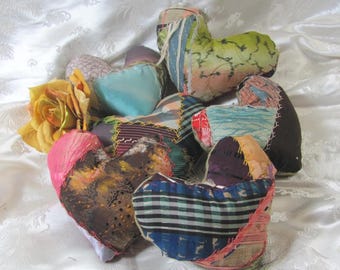 Stuffed Heart Mini Pillow with Antique Crazy Quilt Over 100 Years Old // Pin Cushion Knob Hanger // Your choice