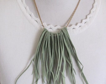 Necklace Beautiful Green Soft Suede Leather Fringe Necklace and Earring Set  // handmade jewelry ooak