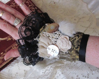 Beautiful Handmade OOAK Black Lace Beaded Cuff Bracelet Fancy Formal Embellished Fabric Textile Buttons Mink