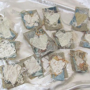 Snippet Set of 4 Scrappy Lace Textile Clusters with Hearts Handmade // for Brooch or Pendant or Sew On Patch Journal Slow Stitch Patches