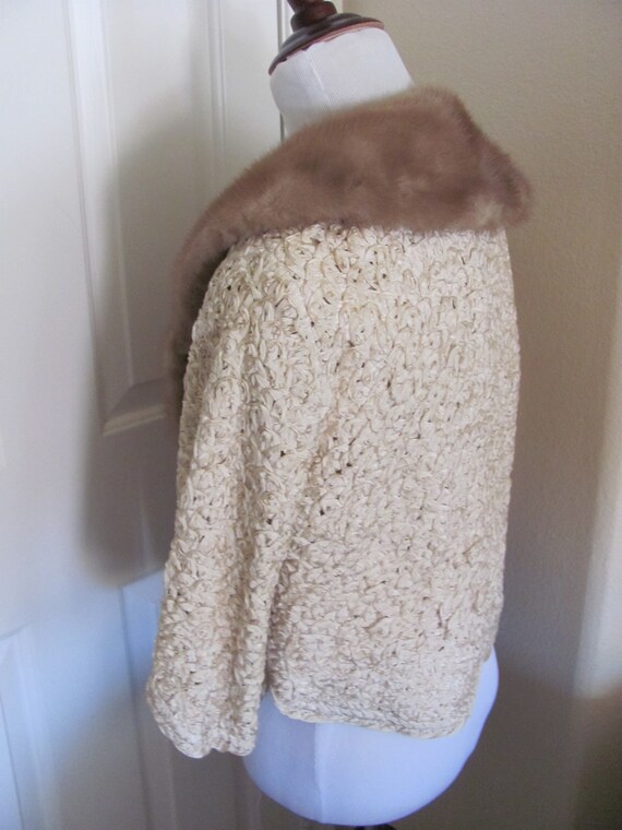 Vintage Ribbon Knit Mid Century Mink Collar Short Jac… Gem