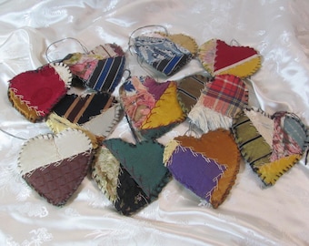 Heart Ornament Antique Crazy Quilt Early Century // Christmas Tree Decor Knob Hanger Handmade Hand Stitched Victorian