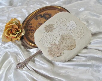 Handmade Paddle Hand Fan Silver Plate Handle with Vintage Silk Fabric& Doilies // Antique Replica Fancy Functional // Many more in my shop!