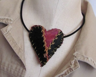Beautiful Antique Crazy Quilt Choker Necklace Black Velvet Cord // 19th Century Handmade Quilt Piece Hand Stitched