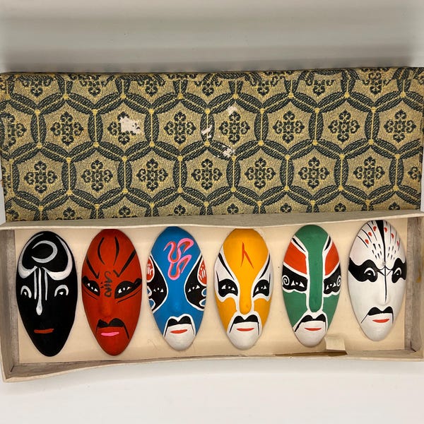 Vintage Miniature Chinese Opera Mask Set – Hand-Painted Miniatures in Box – Asian Cultural Wall Art - Whimsy Colorful Desk Bookcase Decor