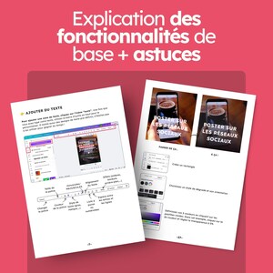 Puede incluir: Una gu&iacute;a instructiva con fondo rosa titulada Explication des fonctionnalit&eacute;s de base + astuces. Muestra dos p&aacute;ginas con capturas de pantalla de la interfaz de software, barras de herramientas de texto y ejemplos de publicaciones en redes sociales.