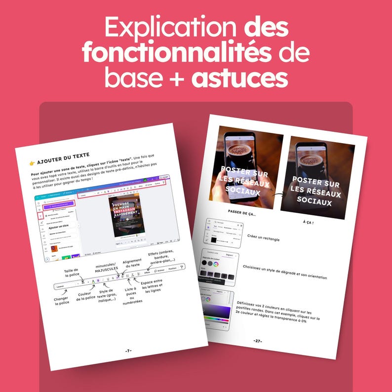 Puede incluir: Una gu&iacute;a instructiva con fondo rosa titulada Explication des fonctionnalit&eacute;s de base + astuces. Muestra dos p&aacute;ginas con capturas de pantalla de la interfaz de software, barras de herramientas de texto y ejemplos de publicaciones en redes sociales.