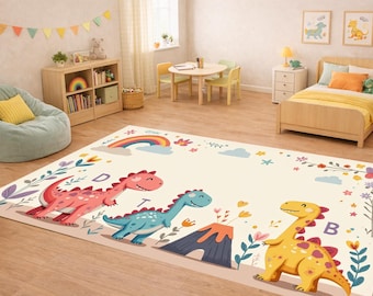 Dinosaur Kids Rug, Cute Dino Play Mat, Alphabet Learning Nursery Rug, Rainbow Dinosaur Children Room Carpet