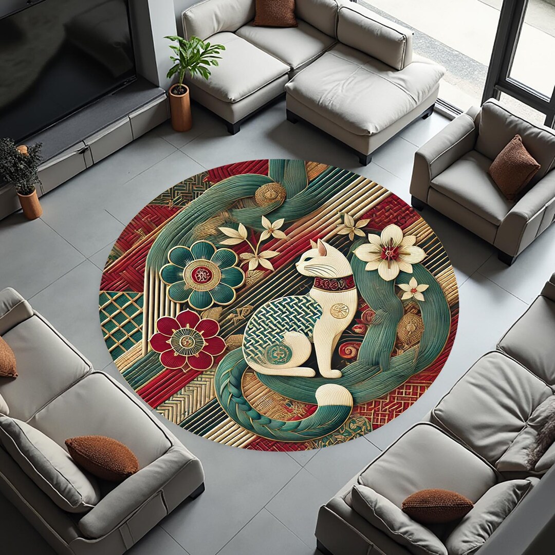 Cat Round Rug: Multicolor Wickerwork Knitting, Non-slip Office Mat - Etsy