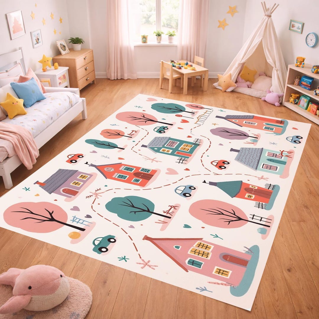 Town Rug Child Town Map Kids Rug, Cute City Play Mat, Village Road Playmat for Kids ...
