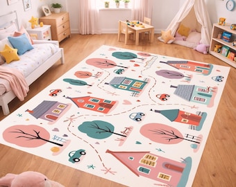 Town Map Kids Rug, Cute City Play Mat, Village Road Playmat for Kids, Pastel Nursery Room Carpet