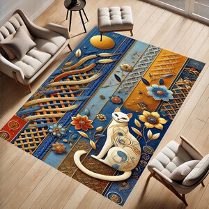 Könnte beinhalten: Ein blauer, gelber und goldfarbener Teppich mit einer weißen Katze, die darauf sitzt. Die Katze ist von Blumen und Blättern umgeben. Der Teppich hat ein geometrisches Design mit einer gewebten Optik.