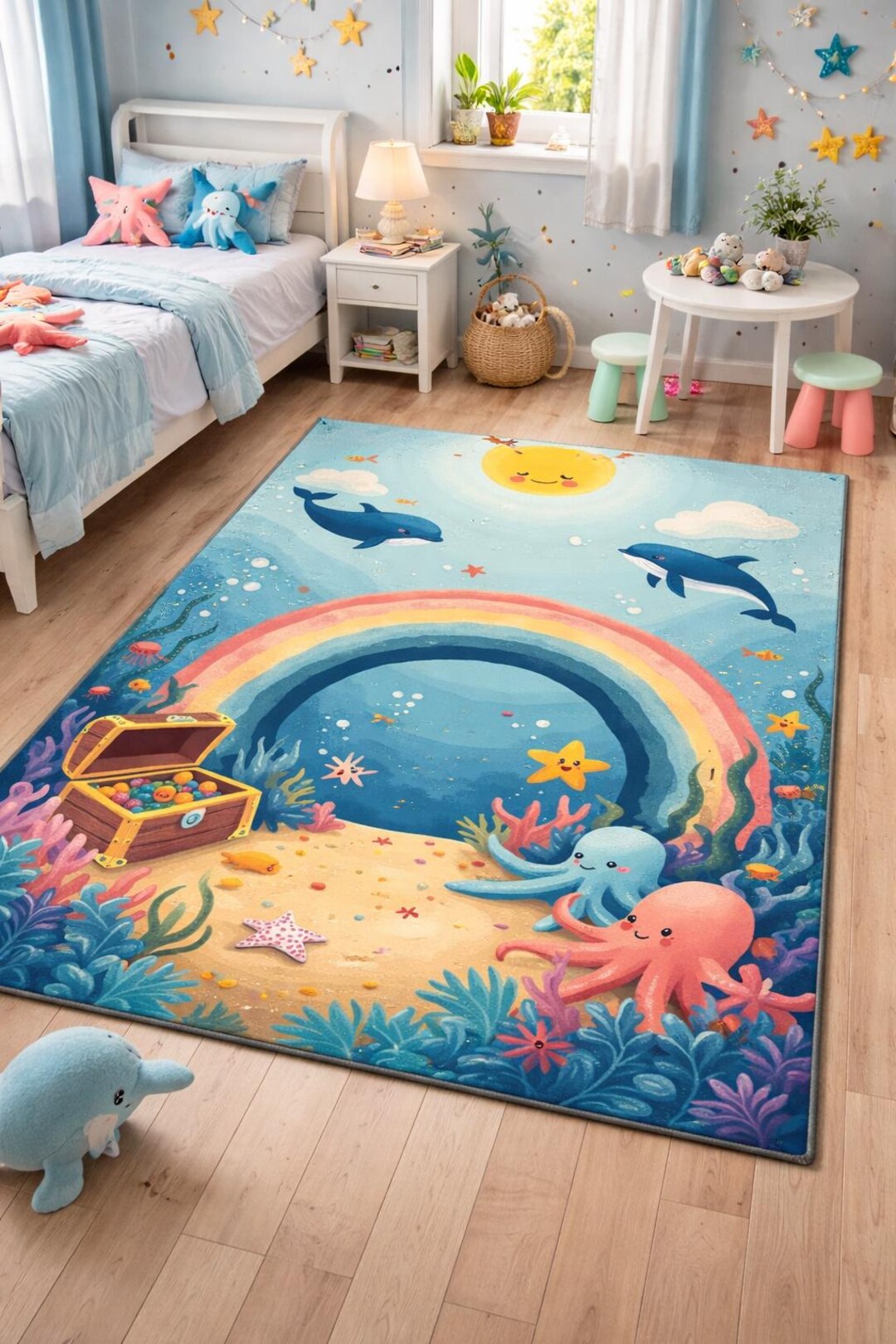 Ocean Theme Kids Rug, Cute Sea Animals Play Mat, Rainbow Underwater ...