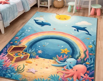 Ocean Theme Kids Rug, Cute Sea Animals Play Mat, Rainbow Underwater Nursery Carpet, Octopus Whale Starfish Children Room Decor