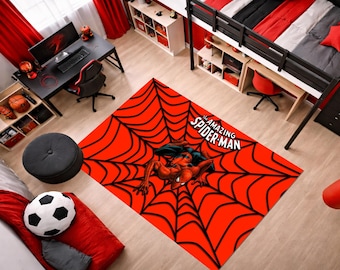 Spider Hero Kinderteppich, Spiderman-Teppich, Superhelden-inspirierte Spielmatte, Roter Webdesign-Jungenzimmerteppich, Kinderteppich im Comic-Stil