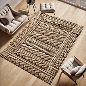 Könnte beinhalten: Ein gewebter Teppich in Beige- und Brauntönen. Der Teppich zeigt ein großes, kompliziertes Muster aus geflochtenen Seilen, das ein strukturiertes und optisch ansprechendes Design erzeugt.