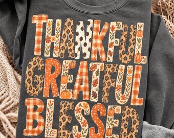 Thankful Grateful Blessed PNG, Thanksgiving PNG, Fall PNG, Retro Fall Shirt Design, Leopard Print Autumn Typography, Pumpkin Sublimation