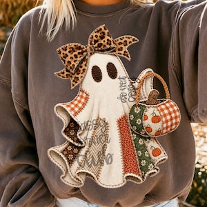 Patchwork Ghost PNG, Fall Ghost With Pumpkin Purse, Coquette Halloween Ghost, Faux Applique Ghost, Autumn Sublimation Design