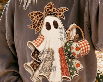 Patchwork Ghost PNG, Fall Ghost With Pumpkin Purse, Coquette Halloween Ghost, Faux Applique Ghost, Autumn Sublimation Design
