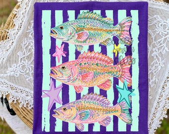 Diseño digital para sublimación de peces de verano estilo preppy, trucha rayada, vida costera preppy en lago, lubina.