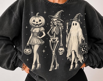 Halloween PNG Spooky Girl Squad, Retro Skeleton Ghost Pumpkin, Witchy Fall Shirt Design, Sublimation Download for Halloween Tees