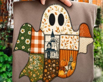 Quilted Ghost PNG, Patchwork Halloween Design, Vintage Floral Ghost Sublimation, Cute Fall Pumpkin Digital Download