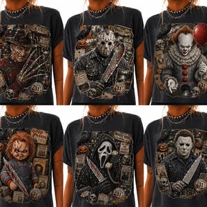 May include: A black t-shirt featuring a collage of six horror movie characters including Freddy Krueger, Jason Voorhees, Pennywise, Chucky, Ghostface, and Michael Myers, each surrounded by thematic elements like pumpkins, skulls, and movie-related text.