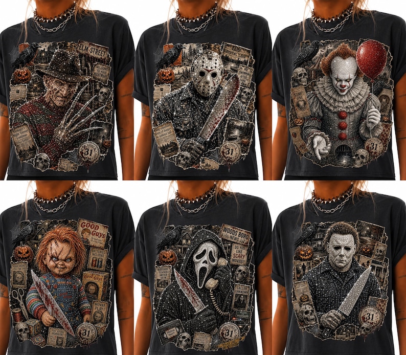 May include: A black t-shirt featuring a collage of six horror movie characters including Freddy Krueger, Jason Voorhees, Pennywise, Chucky, Ghostface, and Michael Myers, each surrounded by thematic elements like pumpkins, skulls, and movie-related text.