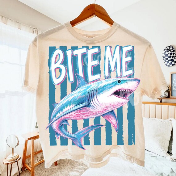Bite Me Shark PNG, Trendy Summer Beach Design, Great White Shark Graphic, Trendy Striped Animal Sublimation DTF Digital Download