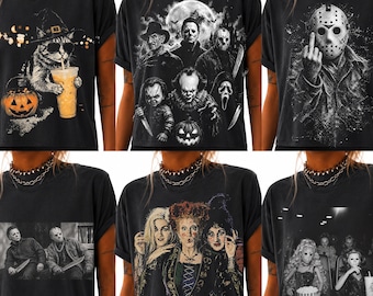 Halftone Halloween PNG Bundle, Vintage Halloween Horror Movie Characters, Retro Scary Sublimation Designs, Halloween Shirt Digital Download