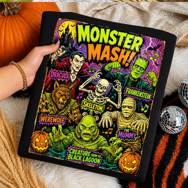May include: A black t-shirt featuring a colorful graphic print with the text Monster Mash. The design includes illustrations of Dracula, Frankenstein, a skeleton, a werewolf, the mummy, and the creature from the black lagoon with pumpkins.