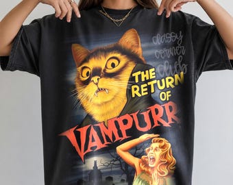 Return of Vampurr PNG, Funny Halloween Cat PNG, Retro Horror Cat Design, Spooky Black Cat Sublimation Graphic, Vintage Halloween Shirt PNG